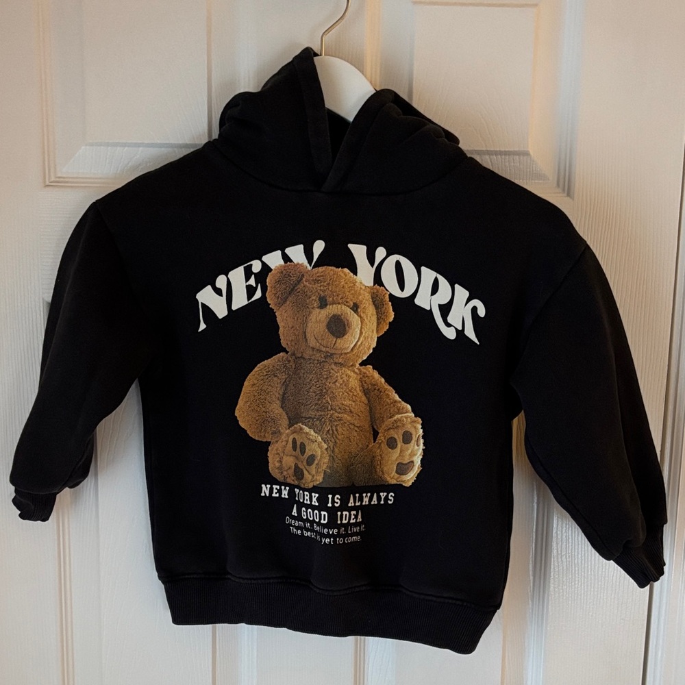 Zara Black Hoodie with Teddy Bear and New York Print